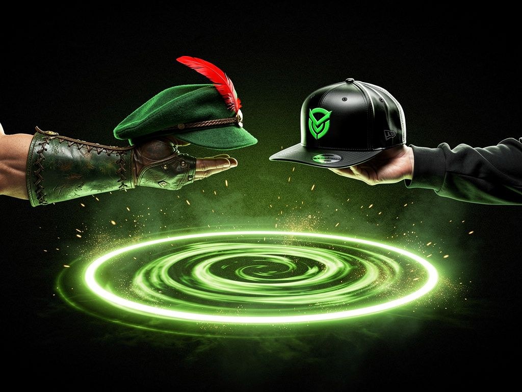 A green Robin Hood cap and a black cap exchanged over a neon-green loop